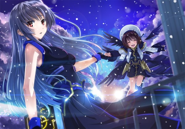 Anime picture 1219x852 with mahou shoujo lyrical nanoha yagami hayate reinforce zwei yone (artist) long hair blush short hair open mouth black hair red eyes multiple girls blue hair cloud (clouds) eyes closed snowing winter gothic girl dress 2 girls