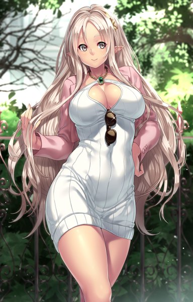 Anime picture 1000x1560 with original houtengeki single long hair tall image breasts light erotic blonde hair smile cleavage pointy ears revision sunglasses removed girl plant (plants) tree (trees) sunglasses turtleneck open-chest turtleneck ribbed dress
