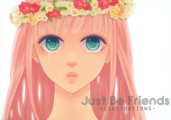 Anime picture 4088x2886 with vocaloid just be friends (vocaloid) megurine luka yunomi (yunomi imonuy) single long hair highres simple background pink hair absurdres aqua eyes lips tears portrait alternate hairstyle face girl flower (flowers) crown head wreath