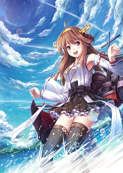 Anime picture 772x1080 with kantai collection kongou battleship akashio (loli ace) single long hair tall image looking at viewer blush open mouth brown hair purple eyes sky cloud (clouds) ahoge nontraditional miko girl thighhighs dress hair ornament weapon