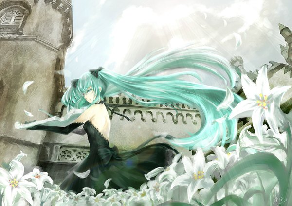 Anime picture 1403x992 with vocaloid hatsune miku single long hair fringe twintails bare shoulders very long hair aqua eyes aqua hair girl dress gloves flower (flowers) bow hair bow petals elbow gloves black dress lily (flower)