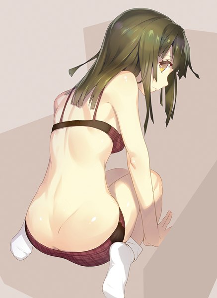 Anime picture 800x1098 with bakemonogatari shaft (studio) monogatari (series) sengoku nadeko nilitsu single long hair tall image light erotic brown hair sitting brown eyes ass looking back from behind bare legs no shoes underwear only back wariza