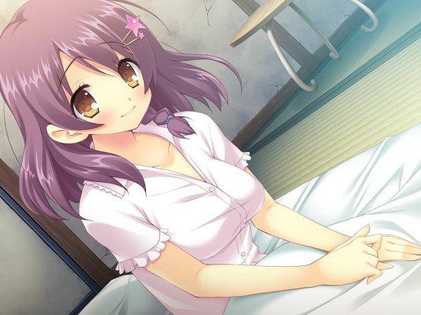 Anime picture 1200x900 with hin wa bokura no fuku no kami shinonome manami rurino sakazuki single long hair blush fringe breasts black hair sitting brown eyes game cg braid (braids) light smile short sleeves girl hair ornament shirt white shirt hairclip