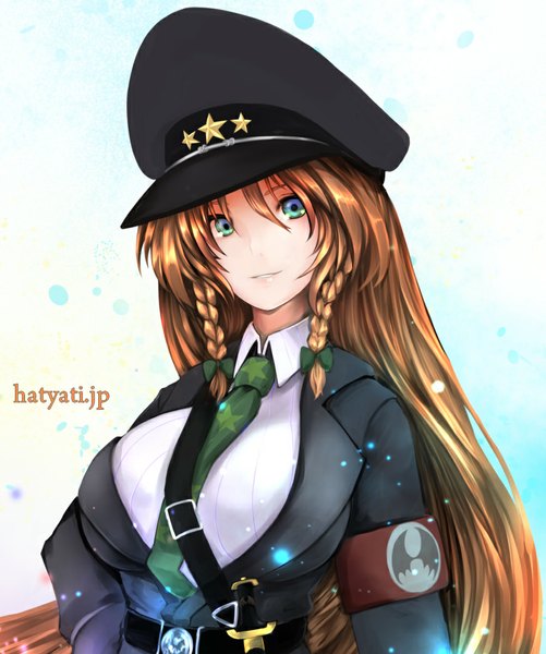 Anime picture 872x1044 with touhou hong meiling hachachi single long hair tall image looking at viewer breasts blonde hair simple background white background green eyes braid (braids) light smile hand on hip huge breasts twin braids blue background girl uniform