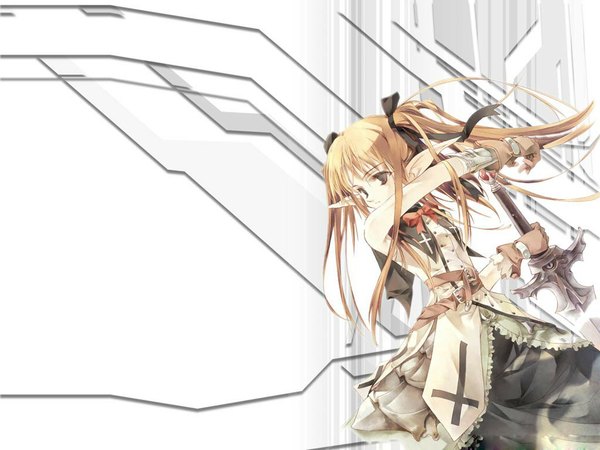 Anime picture 1024x768 with sumi keiichi sarunchatz single long hair blonde hair twintails brown eyes looking away pointy ears wallpaper third-party edit girl ribbon (ribbons) hair ribbon sword