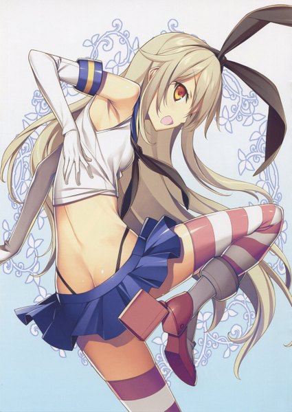 Anime picture 4277x6036 with kantai collection shimakaze destroyer kikuchi seiji single long hair tall image highres open mouth light erotic blonde hair brown eyes absurdres scan official art girl thighhighs skirt gloves bow hair bow