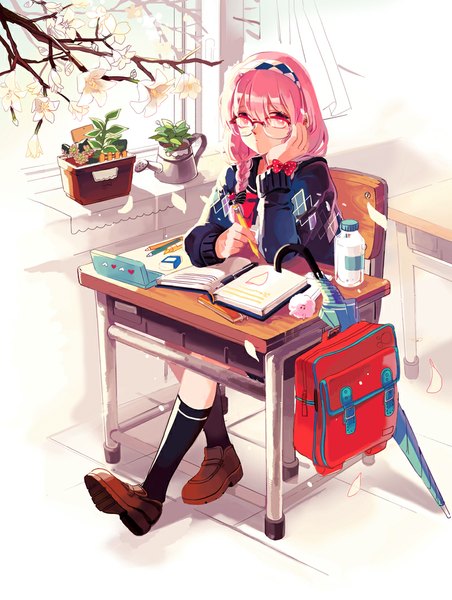 Anime picture 800x1060 with original platina77 single long hair tall image looking at viewer sitting pink hair full body pink eyes head rest closed umbrella girl flower (flowers) petals socks glasses shoes hairband black socks