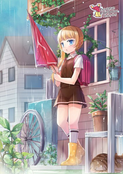 Anime picture 826x1168 with original jin young-in single long hair tall image blush open mouth blonde hair ponytail side ponytail rain closed umbrella girl dress animal boots window umbrella cat backpack