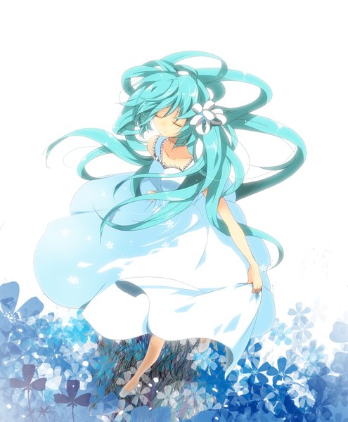 Anime picture 1500x1815 with vocaloid hatsune miku marirero a single long hair tall image white background twintails eyes closed aqua hair girl sundress