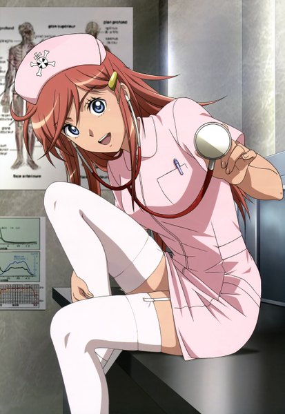 Anime picture 4090x5941 with miniskirt pirates nyantype katou marika single long hair tall image looking at viewer highres open mouth blue eyes sitting absurdres red hair official art nurse girl thighhighs white thighhighs nurse cap stethoscope
