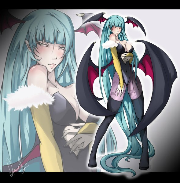 Anime picture 1024x1043 with vampire / darkstalkers (game) morrigan aensland long hair tall image blush light erotic simple background bare shoulders yellow eyes very long hair aqua hair head wings body blush vampire girl thighhighs detached sleeves wings
