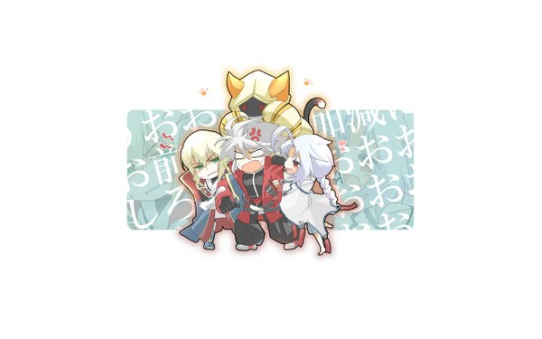 Anime picture 1280x800 with blazblue blazblue phase 0 noel vermillion taokaka nu-13 ragna the bloodedge tagme (artist) long hair blush short hair open mouth simple background blonde hair red eyes wide image green eyes white hair chibi girl boy