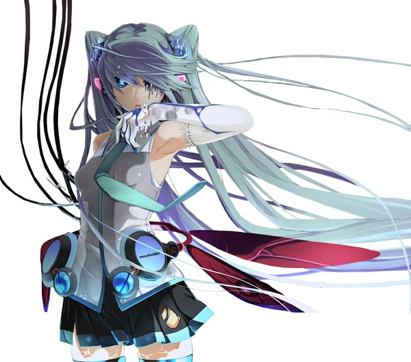 Anime picture 1020x900 with vocaloid hatsune miku mikkie33 single long hair looking at viewer open mouth blue eyes simple background standing white background twintails pleated skirt wind aqua hair torn clothes girl thighhighs skirt hair ornament