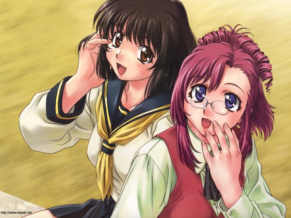 Anime picture 1280x960 with onegai teacher kazami mizuho herikawa koishi looking at viewer short hair open mouth black hair purple eyes multiple girls brown eyes pink hair :d from above teacher girl uniform 2 girls glasses serafuku