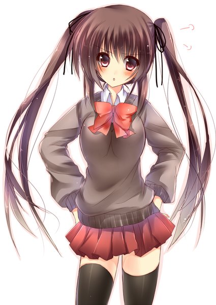 Anime picture 1504x2124 with original amane ruri single long hair tall image blush black hair simple background red eyes white background twintails girl thighhighs skirt uniform black thighhighs school uniform miniskirt bowtie sweater