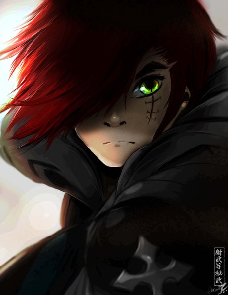 Anime picture 3000x3882 with ibroid (artist) single tall image fringe highres short hair green eyes looking away red hair hair over one eye facial mark boy clothes
