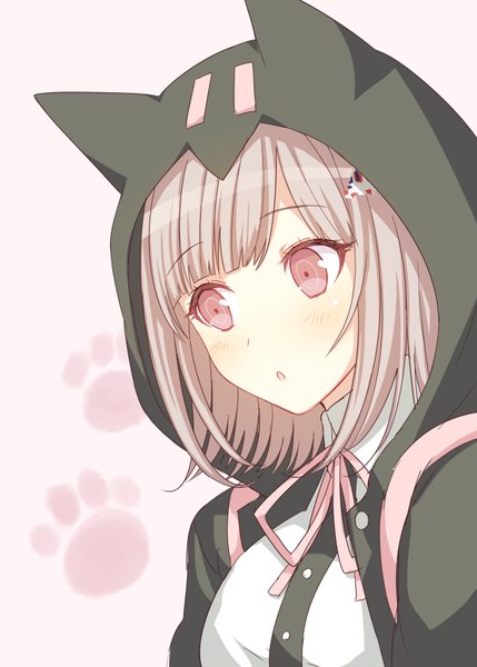 Anime picture 650x909 with dangan ronpa super dangan ronpa 2 nanami chiaki azami194 single tall image blush fringe short hair simple background animal ears looking away pink hair upper body parted lips pink eyes cat ears :o pink background paw print