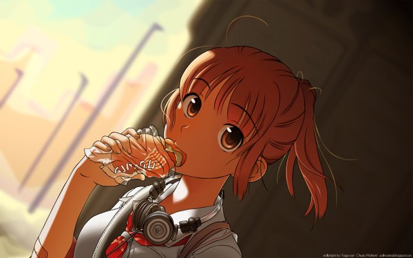 Anime picture 2560x1600 with kimi kiss sakino asuka highres wide image ponytail red hair eating girl headphones