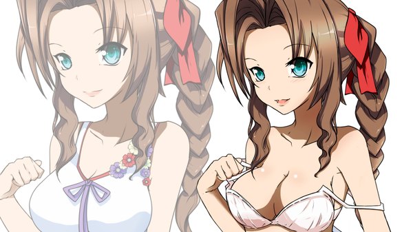 Anime picture 1920x1080 with final fantasy final fantasy vii crisis core final fantasy vii square enix aerith gainsborough rinine single long hair looking at viewer highres breasts blue eyes light erotic simple background brown hair wide image white background bare shoulders girl dress