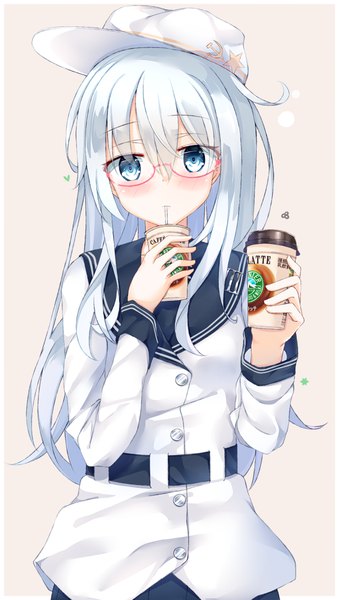 Anime picture 678x1198 with kantai collection hibiki destroyer verniy destroyer niruanu (nitayam) single long hair tall image looking at viewer blush fringe blue eyes hair between eyes standing holding silver hair grey background border drinking remodel (kantai collection) bespectacled