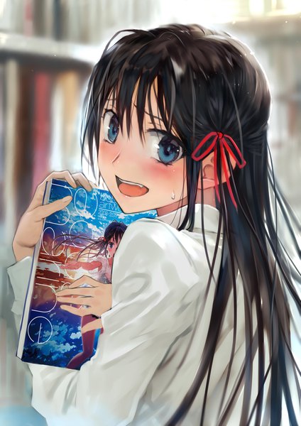 Anime picture 2893x4092 with original bob (biyonbiyon) single long hair tall image blush fringe highres open mouth blue eyes black hair hair between eyes upper body from behind blurry sweat depth of field embarrassed sweatdrop girl