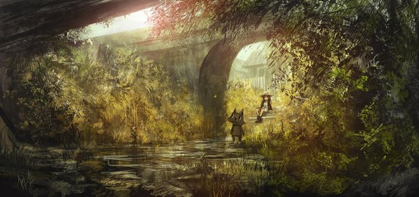 Anime picture 1700x802 with original lm7 (op-center) long hair black hair wide image sitting brown eyes river girl plant (plants) hat cat sundress bridge