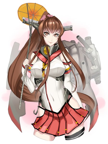 Anime picture 1200x1600 with kantai collection yamato super battleship kumiko shiba single tall image fringe breasts light erotic smile brown hair standing brown eyes ponytail very long hair hair flower girl skirt navel hair ornament flower (flowers)