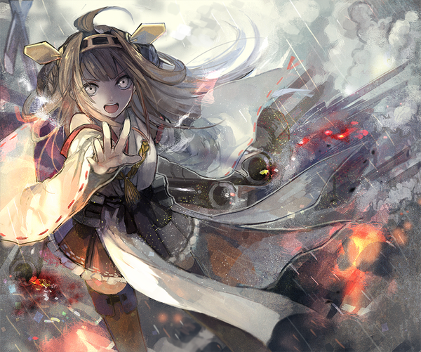 Anime picture 837x700 with kantai collection kongou battleship hou (ppo) single long hair looking at viewer fringe open mouth brown hair ahoge traditional clothes japanese clothes grey eyes outstretched arm rain nontraditional miko screaming girl thighhighs hair ornament