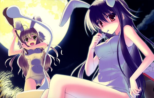 Anime picture 4946x3162 with calendar girl nanao naru long hair looking at viewer highres open mouth light erotic black hair red eyes brown hair bare shoulders multiple girls yellow eyes absurdres scan night bunny ears tsukimi girl 2 girls