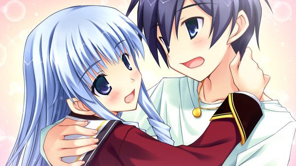 Anime picture 1280x720 with himitsu no otome long hair blush short hair open mouth blue eyes black hair smile wide image blue hair game cg couple hug girl boy