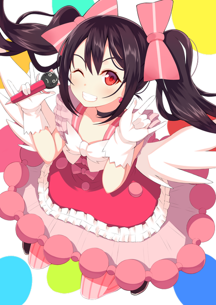 Anime picture 1000x1412 with love live! school idol project sunrise (studio) love live! yazawa nico ponkotsu (ayarosu) single long hair tall image blush black hair smile red eyes twintails one eye closed wink transparent background mmm girl dress gloves