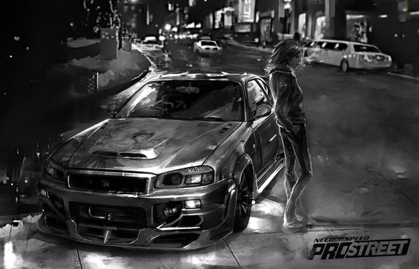 Anime picture 1000x643 with need for speed nissan hoyhoykung single short hair standing looking away profile inscription hand in pocket street girl jacket fur hood pants ground vehicle car