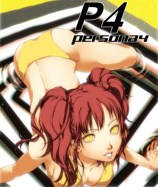 Anime picture 1100x1300 with persona 4 persona kujikawa rise single long hair tall image fringe breasts open mouth light erotic twintails yellow eyes ass red hair nail polish fingernails lips kneeling girl swimsuit
