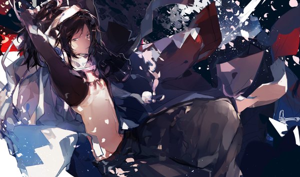 Anime picture 900x533 with touken ranbu nitroplus yamato no kami yasusada aki mitsu single blue eyes black hair wide image traditional clothes japanese clothes wide sleeves arms up muscle expressionless boy petals haori