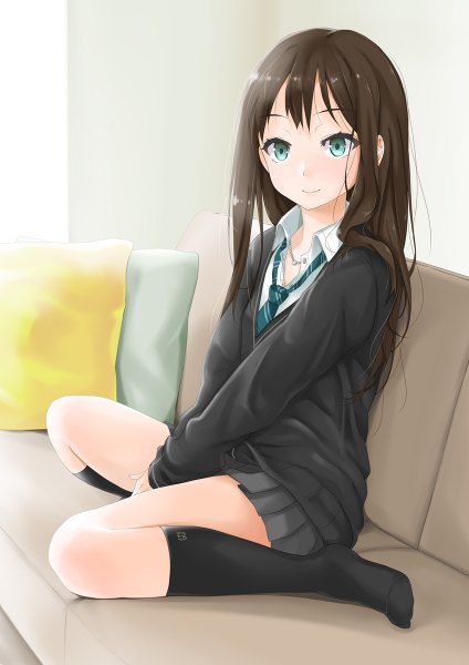 Anime picture 848x1200 with idolmaster idolmaster cinderella girls shibuya rin chou (meteorite3) single long hair tall image looking at viewer blue eyes black hair girl skirt uniform school uniform miniskirt socks pillow black socks sweater couch