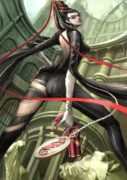 Anime picture 1000x1413 with bayonetta bayonetta (character) single long hair tall image black hair looking back lips from below hand on hip back girl ribbon (ribbons) weapon hair ribbon earrings glasses gun building (buildings) chain