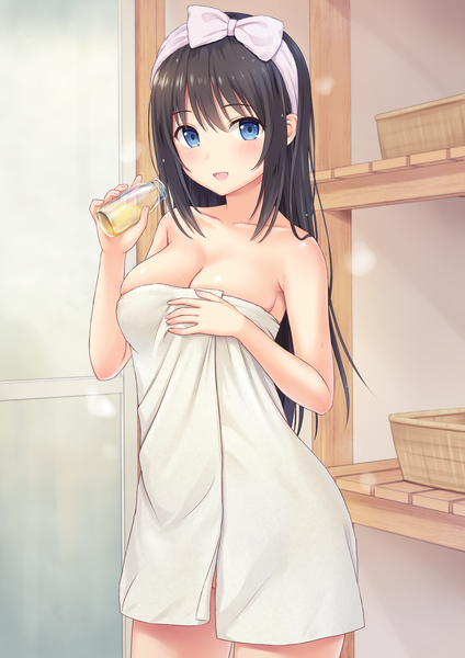 Anime picture 2894x4093 with original n.g. single long hair tall image blush fringe highres breasts open mouth blue eyes light erotic black hair smile hair between eyes large breasts holding payot cleavage indoors
