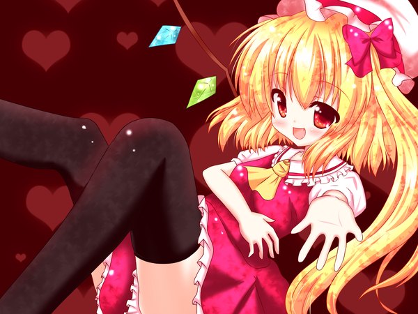 Anime picture 2560x1920 with touhou flandre scarlet kuromari (runia) blush highres short hair blonde hair red eyes loli one side up girl thighhighs dress black thighhighs wings heart bonnet