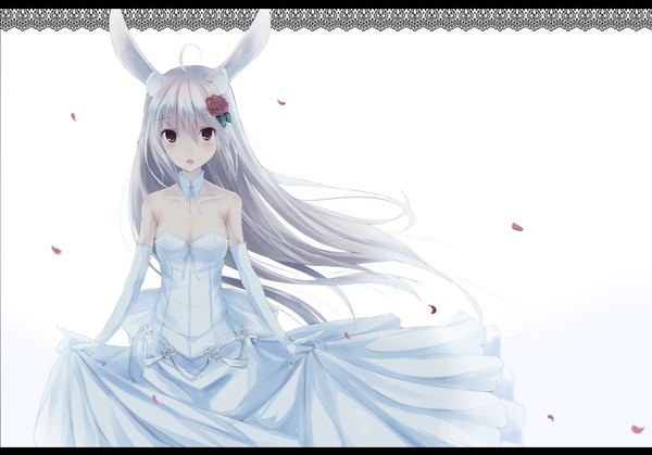 Anime picture 2000x1398 with original second heaven single long hair looking at viewer blush highres red eyes white background bare shoulders silver hair hair flower bunny ears letterboxed girl dress gloves hair ornament petals elbow gloves