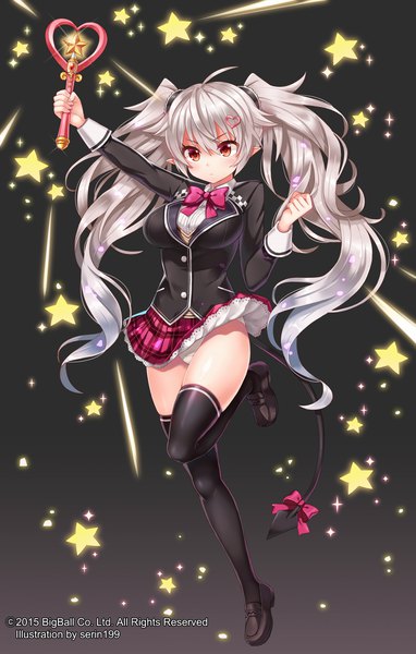 Anime picture 1500x2350 with soccer spirits serin199 single long hair tall image looking at viewer blush light erotic simple background red eyes standing twintails signed silver hair ahoge bent knee (knees) tail pleated skirt pointy ears pantyshot