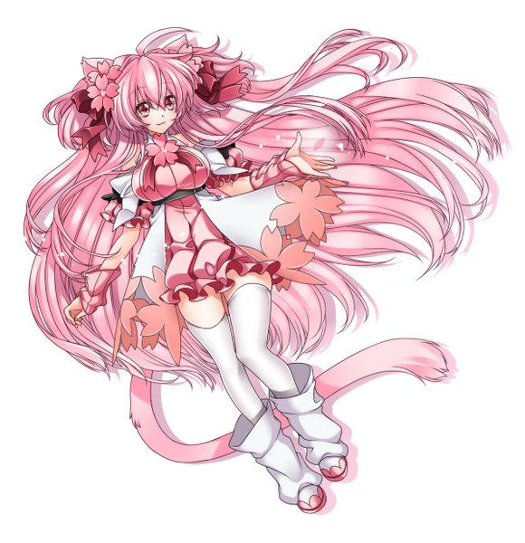 Anime picture 1200x1241 with original komomo (tk) takatsuki ichi single long hair tall image simple background white background animal ears pink hair pink eyes cat ears cat girl cat tail girl thighhighs dress flower (flowers) bow hair bow