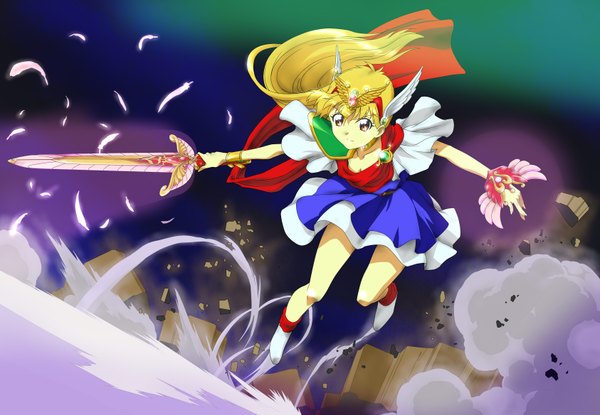 Anime picture 3372x2335 with akazukin chacha chacha (akazukin chacha) magical princess zouni (xavier) single long hair highres blonde hair red eyes absurdres girl weapon sword scarf jewelry