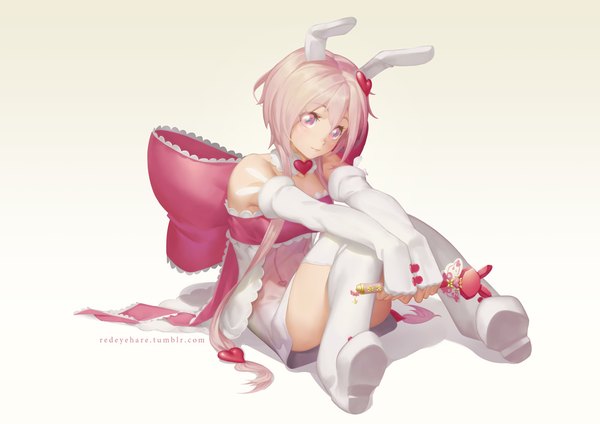 Anime picture 1000x707 with hearte black light single long hair fringe hair between eyes sitting bare shoulders signed animal ears looking away pink hair pink eyes bunny ears magical girl girl gloves bow elbow gloves boots