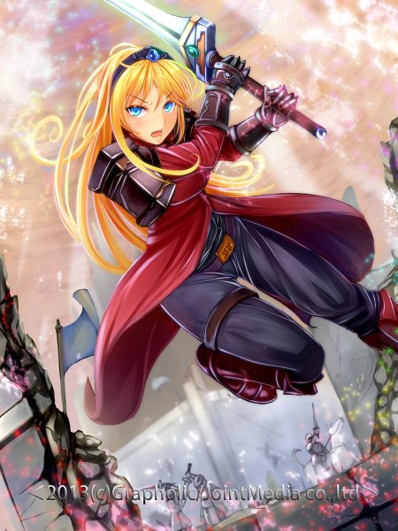 Anime picture 900x1200 with original irohara single long hair tall image blush open mouth blue eyes blonde hair girl gloves hair ornament weapon sword armor