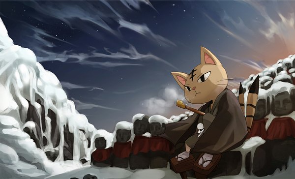 Anime picture 1053x639 with shaman king xebec matamune tansuke single wide image sitting cloud (clouds) tail japanese clothes night night sky winter snow multiple tails star (stars) cat pipe geta statue