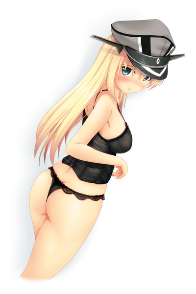 Anime picture 1600x2400 with kantai collection bismarck battleship utahane w single long hair tall image blush breasts open mouth blue eyes light erotic simple background blonde hair white background ass girl underwear panties peaked cap