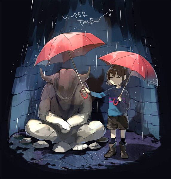 Anime picture 827x867 with undertale frisk (undertale) kyouichi single tall image short hair brown hair standing eyes closed horn (horns) copyright name dark background rain androgynous socks shorts boots black socks umbrella wall