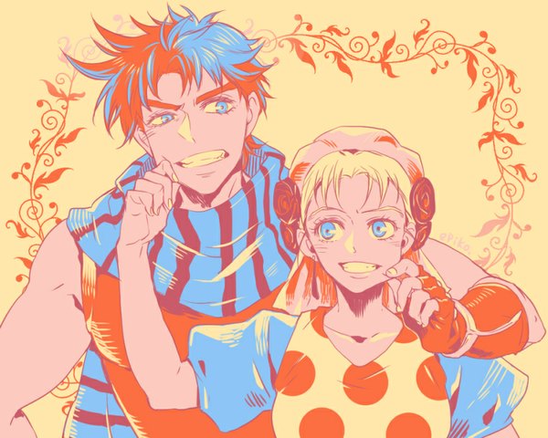 Anime picture 850x680 with jojo no kimyou na bouken joseph joestar (young) suzi q aki epiko short hair blue eyes blonde hair simple background smile signed blue hair looking away framed polka dot clenched teeth hand on another's face girl boy gloves scarf