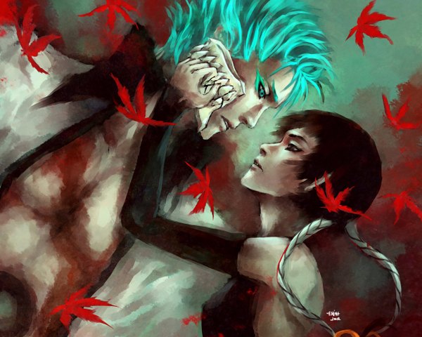 Anime picture 2500x2000 with bleach studio pierrot grimmjow jeagerjaques soifon nanfe long hair highres short hair black hair bare shoulders brown eyes signed braid (braids) profile aqua eyes aqua hair open clothes open shirt couple hug