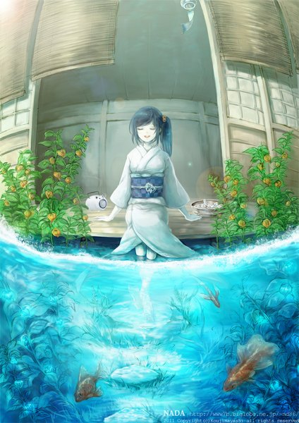 Anime picture 744x1052 with original ueda takashi (artist) single long hair tall image fringe breasts black hair smile sitting ponytail eyes closed traditional clothes japanese clothes side ponytail girl plant (plants) animal water kimono
